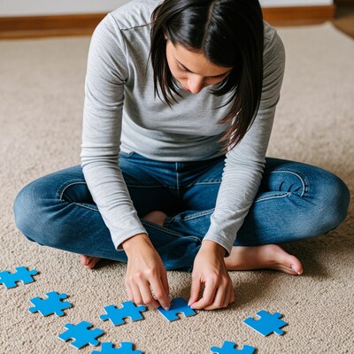 Woman assembling blue puzzle on carpet