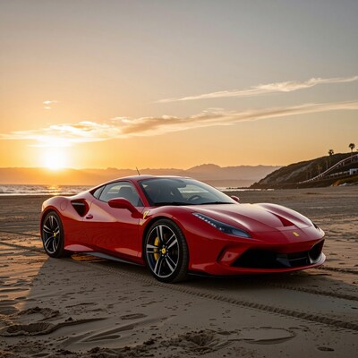 Red Ferrari on Beach at Sunset