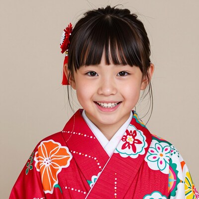 Smiling Japanese Girl in Red Kimono