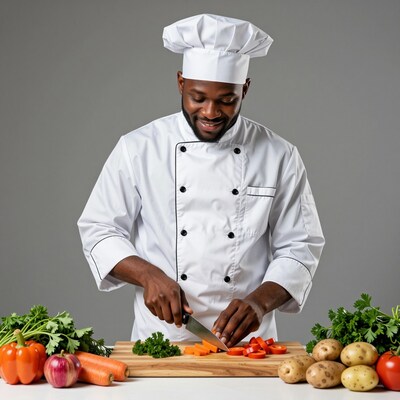 Black male chef chopping vegetables