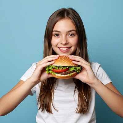 Girl holding big burger