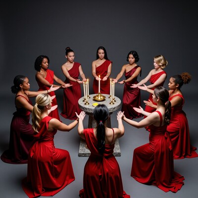 Women in red robes candle ritual