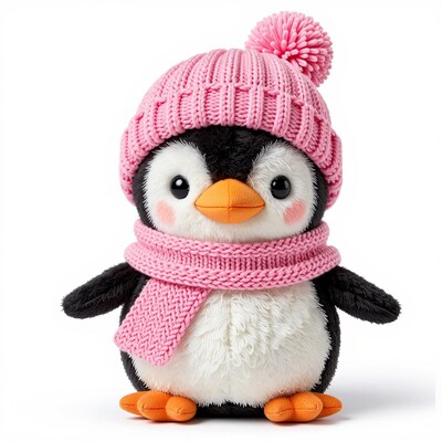 Cute Penguin in Pink Hat and Scarf