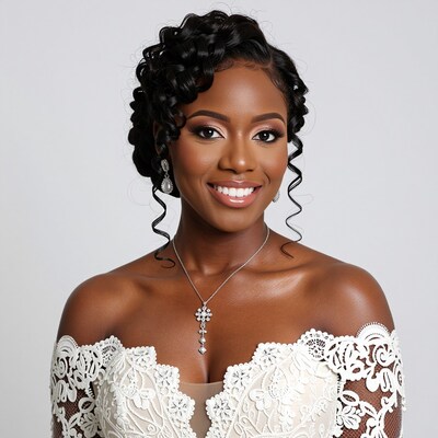 Smiling Black Bride in White Lace Dress