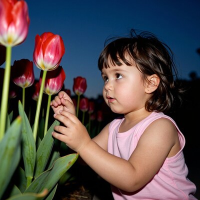 Toddler girl touching red tulips