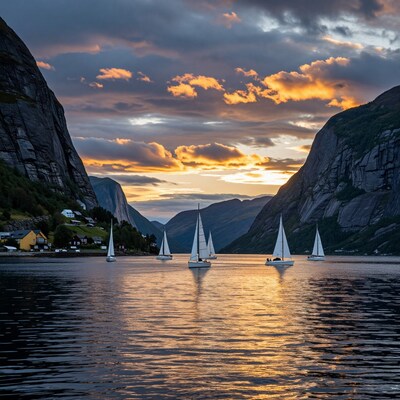 Sailboats in Norwegian Fjord at Sunset