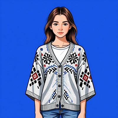 Woman in Ukrainian Vyshyvanka Cardigan