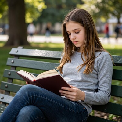 Young woman reading book on park bench