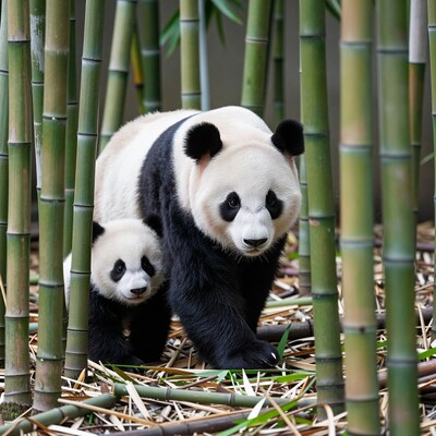Giant Panda Mother with Cub in Bamboo Forest