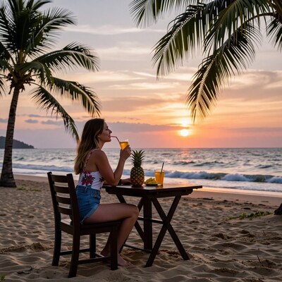 Woman sipping drink at tropical beach sunset