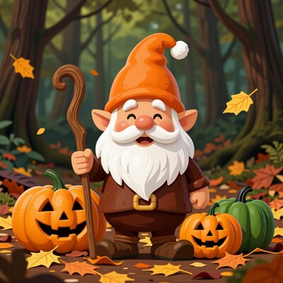 Cartoon gnome with pumpkins in autumn forest