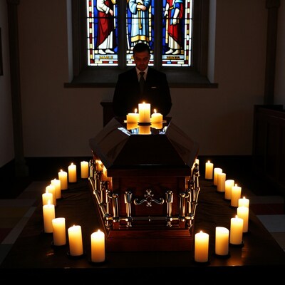 Man Mourning at Coffin with Candles