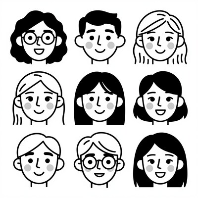 Diverse cartoon faces set