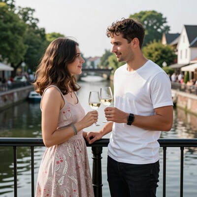 Couple toasting wine by canal