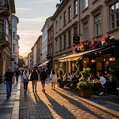 European cobblestone street at sunset