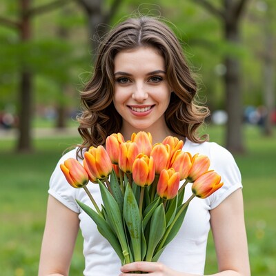 Woman holding orange tulips