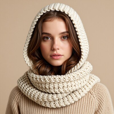 Woman in Cream Knit Hooded Scarf