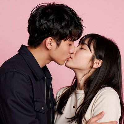 Asian couple kissing