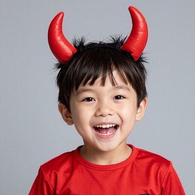Smiling Asian boy in devil horns