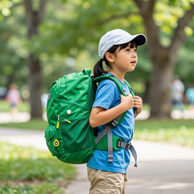 Young Asian girl with green backpack