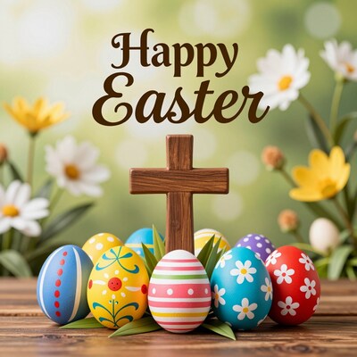 Happy Easter eggs with wooden cross