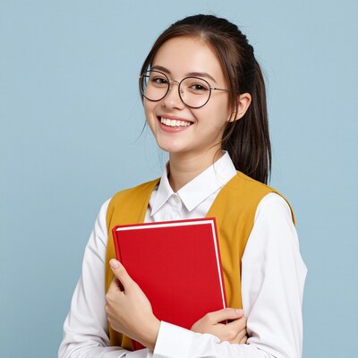 Smiling Asian student girl with red book