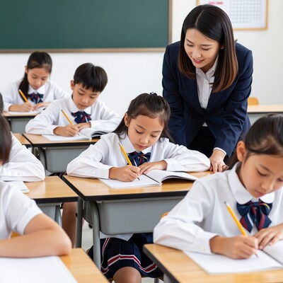 Asian Teacher Helping Students in Classroom