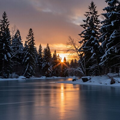 Winter sunset over frozen lake