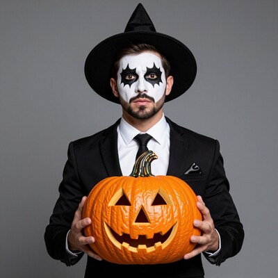 Man in witch hat with jack o lantern