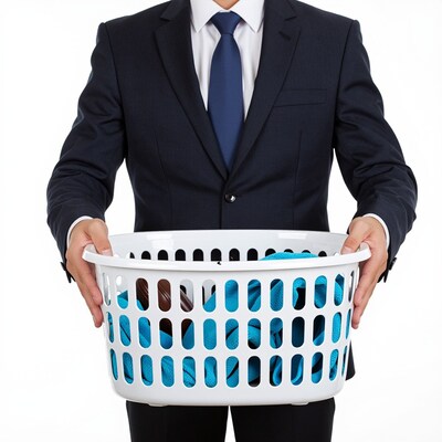 Man in suit holding laundry basket