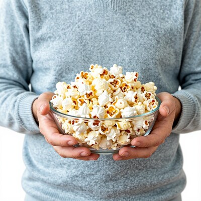 Person holding popcorn bowl