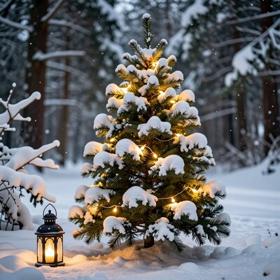 Snowy Christmas Tree in Forest