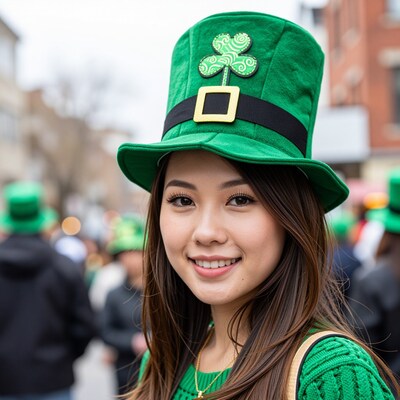 Asian woman in green St Patrick's hat