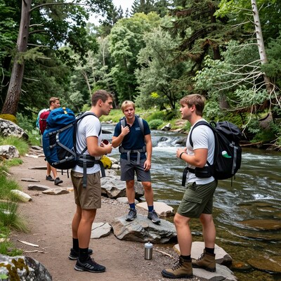 Hikers talking by river in forest