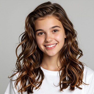 Smiling teenage girl with long wavy brown hair