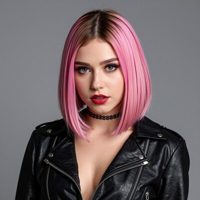 Woman with pink bob haircut