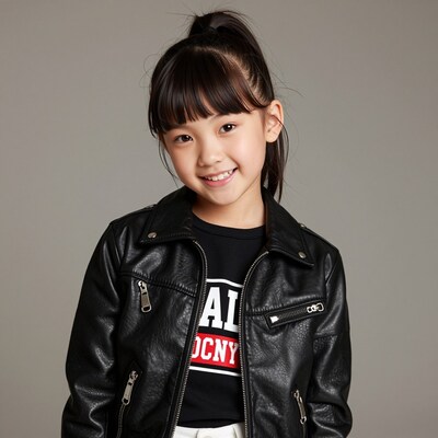 Smiling Asian girl in black leather jacket