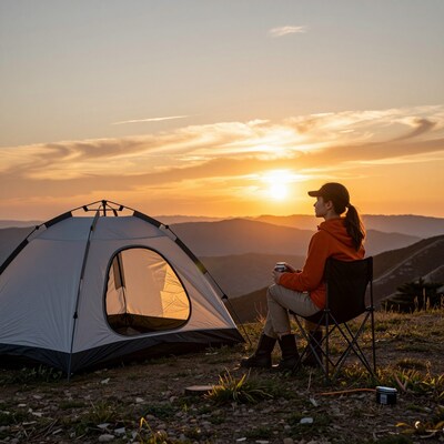 Woman Camping at Sunset
