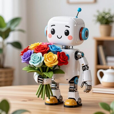 Cute Robot Holding Flower Bouquet