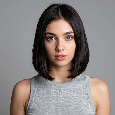Young woman with black bob haircut