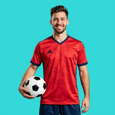 Man in red soccer jersey with ball