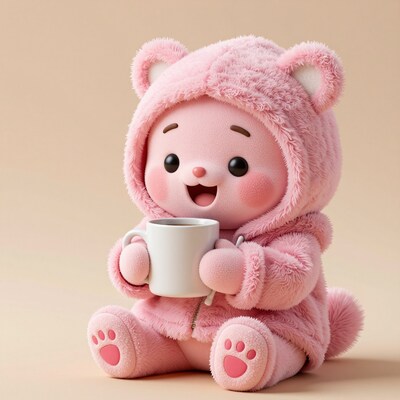 Pink Bear Cub Drinking Coffee