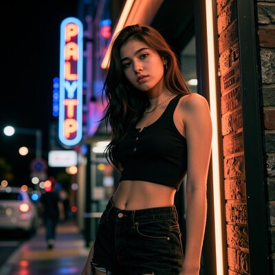 Young woman at neon night street