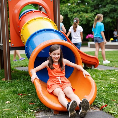 Girl sliding on colorful playground slide