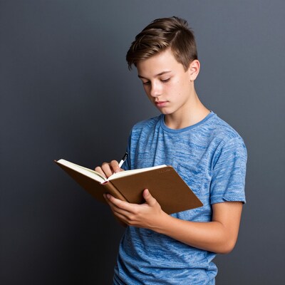Teen boy reading notebook