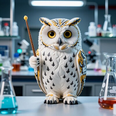 Wise owl scientist in lab