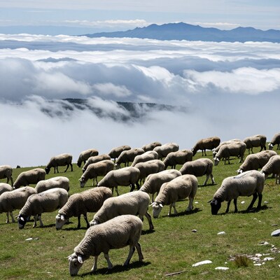 Flock of Sheep Grazing on Mountain