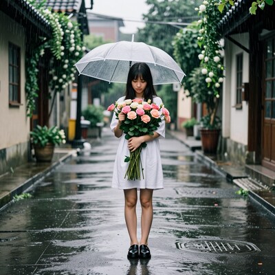 Asian girl with roses in rain