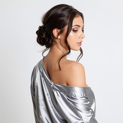 Woman in silver satin dress