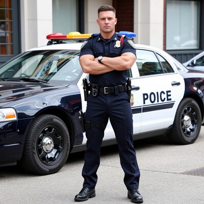 Muscular police officer standing with arms crossed